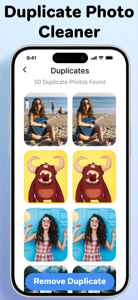 Phone cleaner + Photo cleaner - Interfaccia dell'app di pulizia del telefono che mostra foto duplicate e pulsante di rimozione