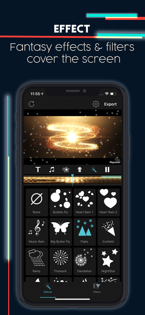 Interface of IntroTube app showing a variety of video effects and filters like hearts fireworks and butterflies for video editing