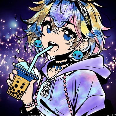 hot baddie anime girl drinking boba and biting the straw