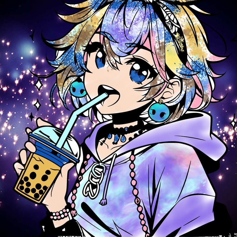 hot baddie anime girl drinking boba and biting the straw