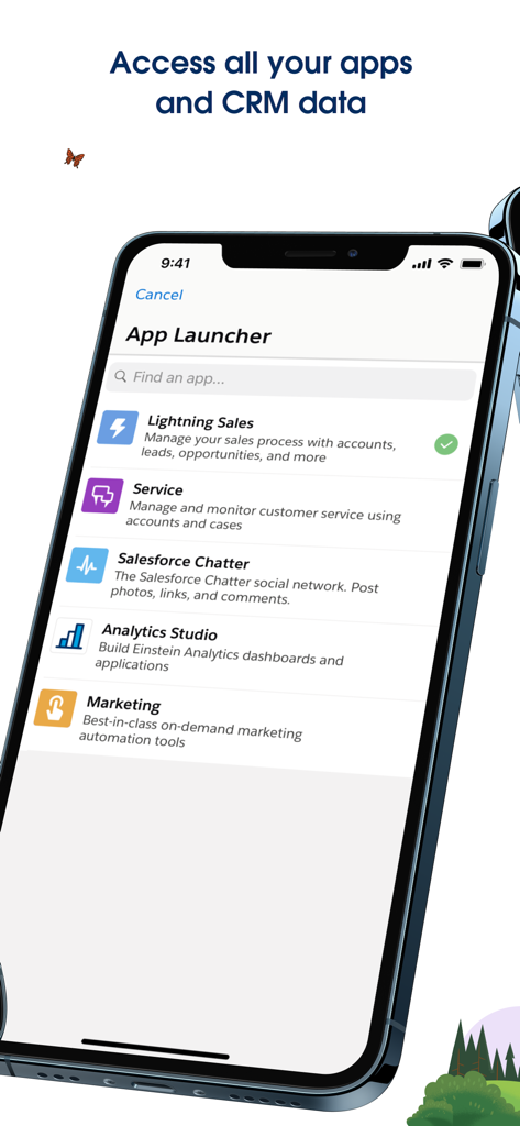 iPhoneのSalesforce App Launcher。営業、サービス、チャター、分析、マーケティングのビジネスモジュールが表示されています。