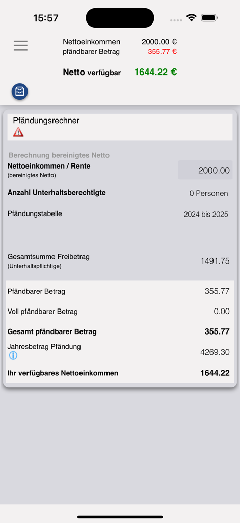 DER Gehaltsrechner - Interface do aplicativo de calculadora salarial alemã mostrando a ferramenta de calculadora de apreensão com dados financeiros