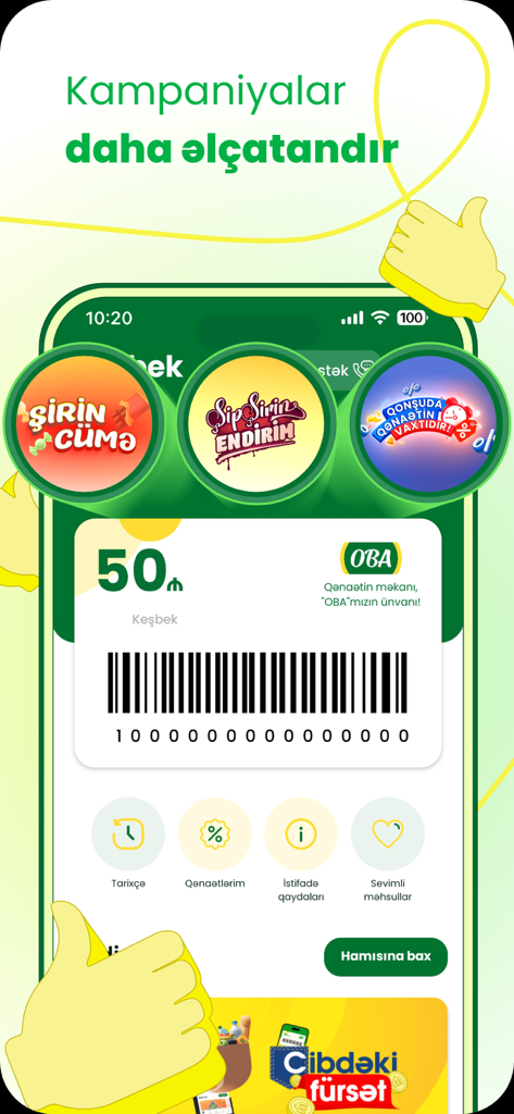 바코드와 캐시백 잔액이 있는 디지털 로열티 카드를 보여주는 OBA 마켓 모바일 앱 화면