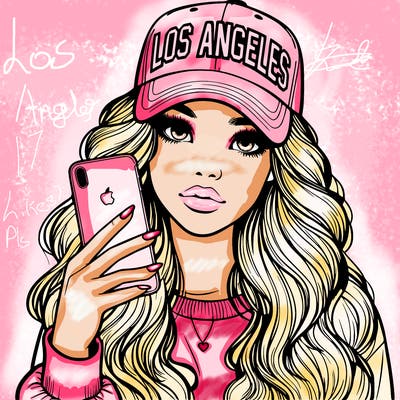 realistic beautiful girl wearing los ángeles cap holding an iphone