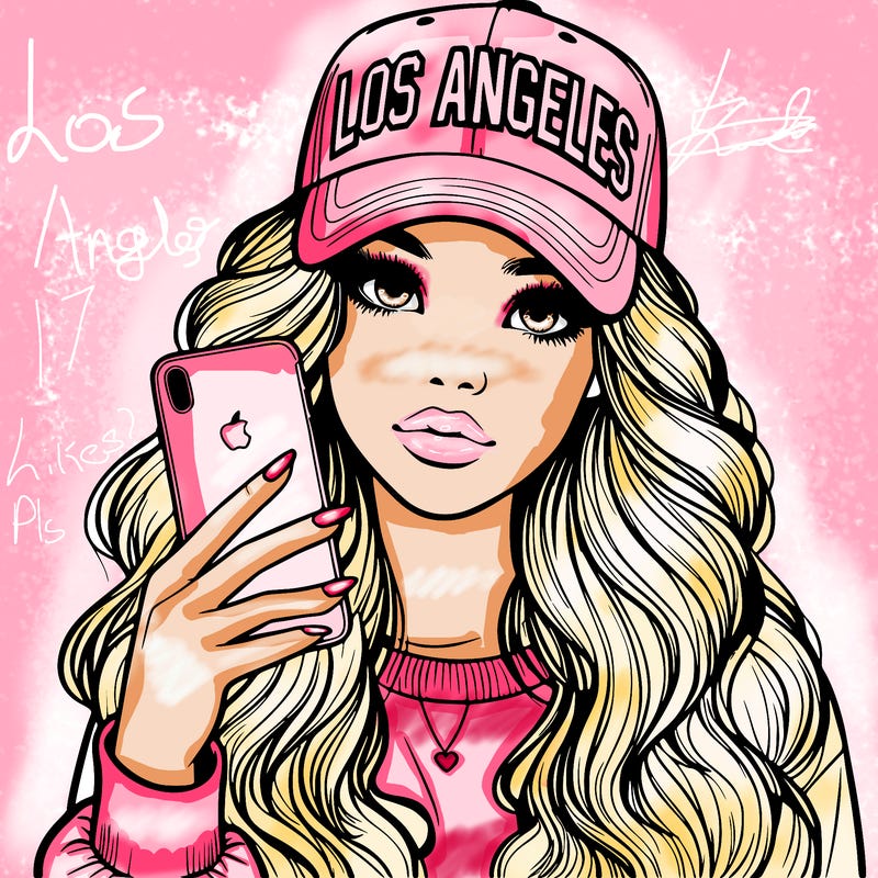 realistic beautiful girl wearing los ángeles cap holding an iphone