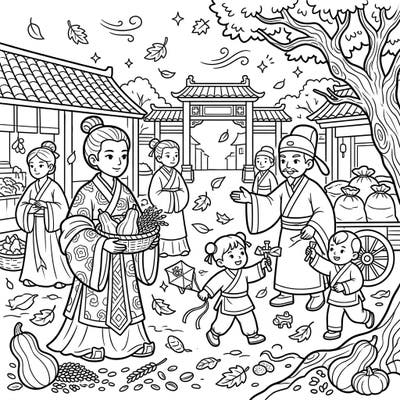 Step back in time to the majestic Han Dynasty with this delightful autumn-themed coloring page. Kids will love bringing this ancient Chinese harvest scene to life with their favorite colors.