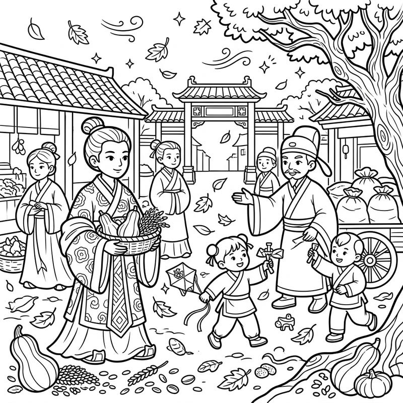 Step back in time to the majestic Han Dynasty with this delightful autumn-themed coloring page. Kids will love bringing this ancient Chinese harvest scene to life with their favorite colors.