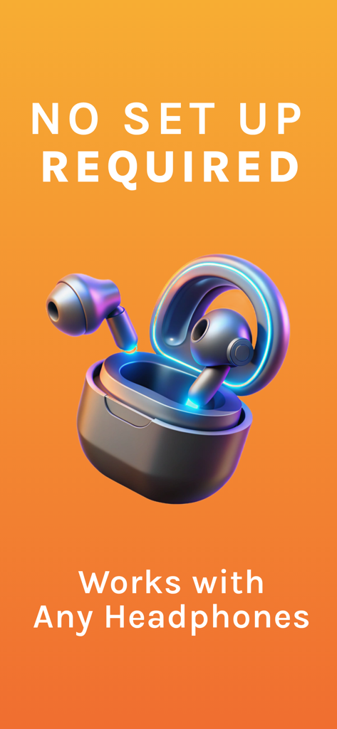 Hearing Aid: Sound Amplifier - Fones de ouvido sem fio em um estojo de carregamento com o texto sem necessidade de configuração e funciona com qualquer fone de ouvido