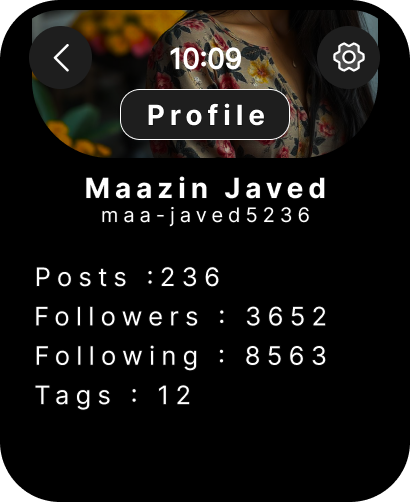 Vista for Feed - User profile view on Apple Watch showing follower count and post statistics in the Vista for Feed app.