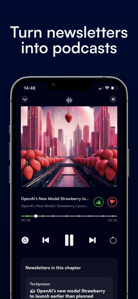 Newsletter Reader by Meco - Smartphone showing Meco app audio player interface converting newsletters into a personalized podcast.