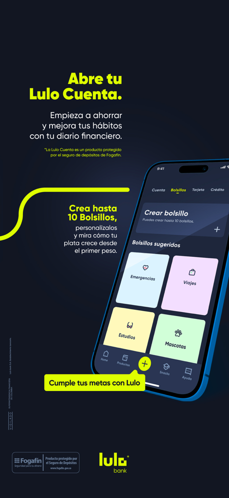 Lulo Bank mobile app interface displaying customizable savings pockets for different financial goals like travel and emergencies