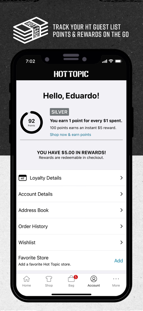 Hot Topic: Pop Culture Fashion - Hot Topic app account screen showing rewards points and Guest List loyalty status.