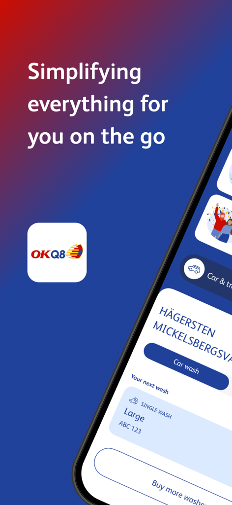 OKQ8 mobile app interface showing car wash subscription and single wash options on a smartphone screen.