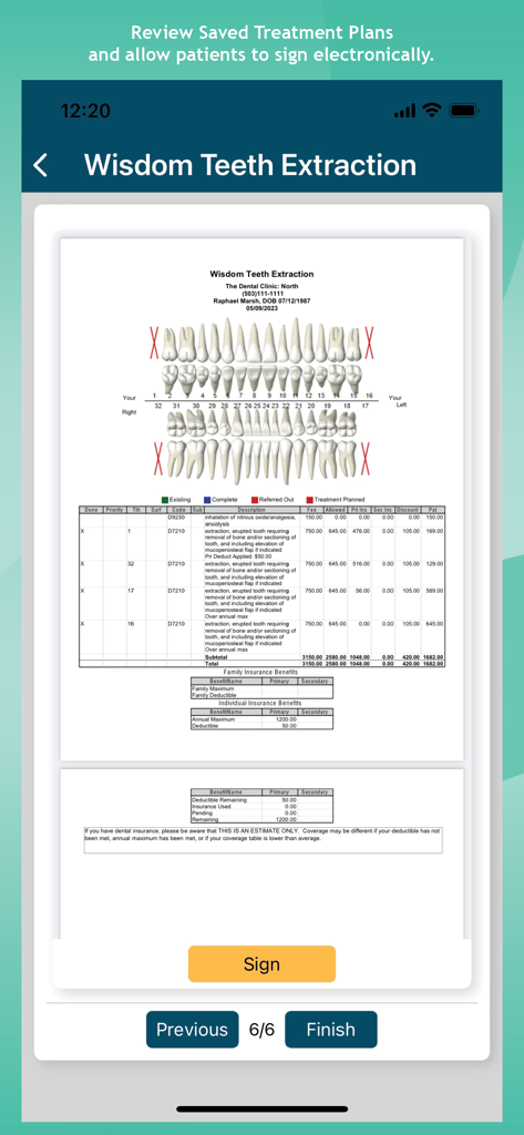 eClipboard 24 - A dental treatment plan for wisdom teeth extraction on a mobile device with an electronic signature button