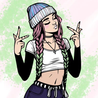 realistic teenage girl with braids and a beanie and crop top doing 🫶🏼