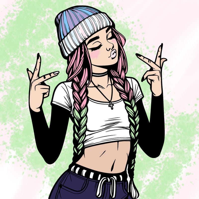 realistic teenage girl with braids and a beanie and crop top doing 🫶🏼