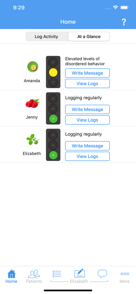 Recovery Record for Clinicians - Recovery Record for Clinicians app home screen showing patient status dashboard with traffic light health indicators.