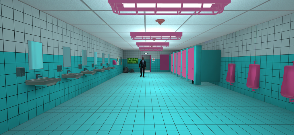 Toilet 8 - A blue tiled public restroom with pink lights and a man in a suit