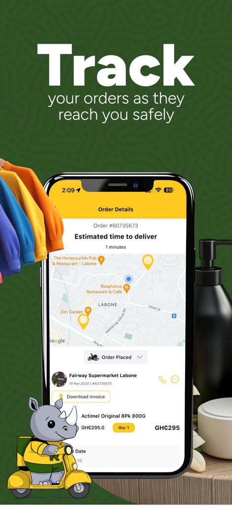 Pantalla de smartphone de la aplicación Ryno Delivery mostrando el seguimiento de pedidos en tiempo real en un mapa en Acra, Ghana