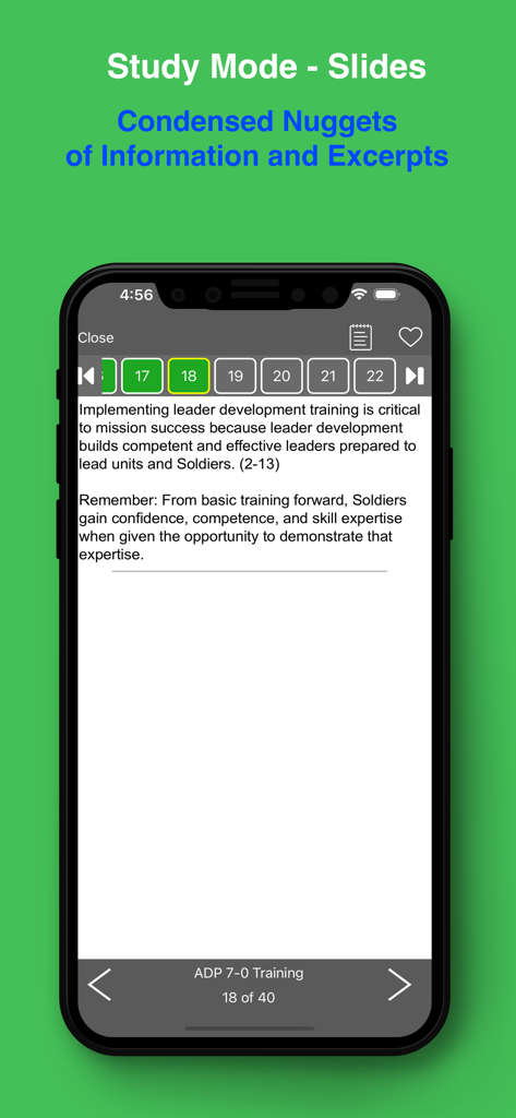 PROmote app Study Mode interface showing concise Army regulation study slides