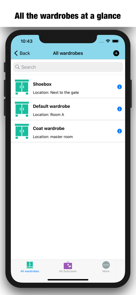 My Clothes And Wardrobe- Dress - Tela de aplicativo móvel mostrando uma lista de guarda-roupas virtuais organizados e seus locais físicos