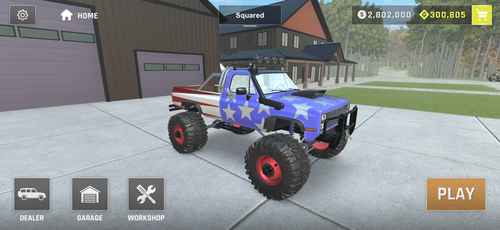 Customized monster truck with an American flag paint job in the Torque Offroad workshop menu