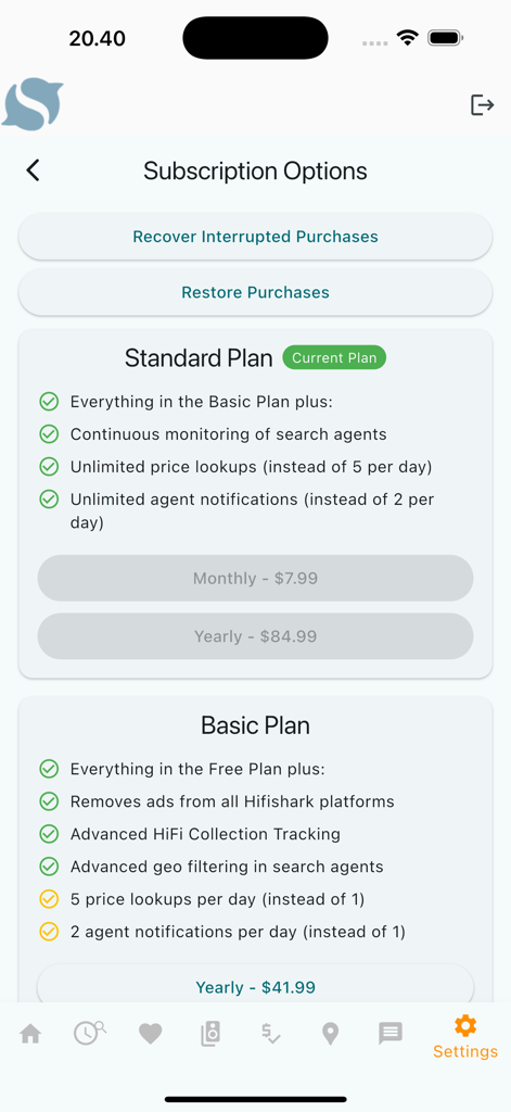 Hifishark Companion - A screenshot of the Hifishark Companion app showing Standard and Basic subscription plans and features