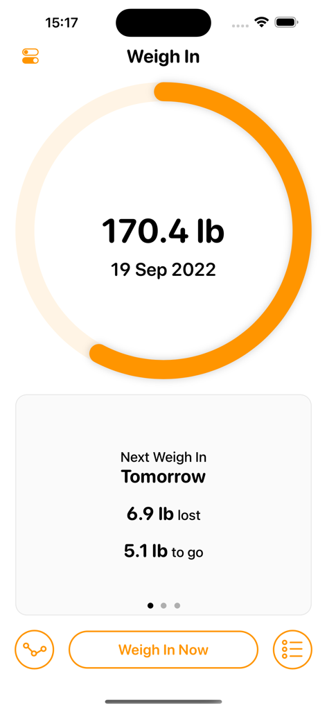 Weigh In: Weight Tracker - Mobile app screen showing weight loss progress and goal tracking