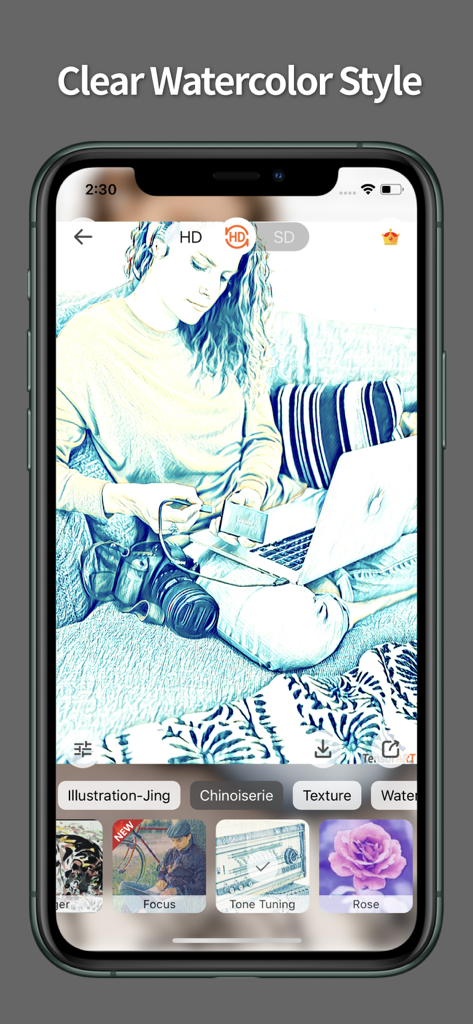 TensorArt - AI photo Editor - Smartphone zeigt die TensorArt-App mit einem klaren Aquarell-Stilfilter, der auf ein Foto angewendet wurde
