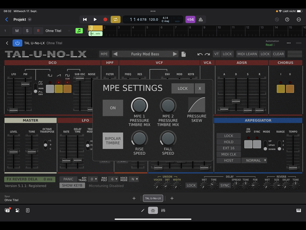 TAL-U-NO-LX synthesizer app with MPE settings menu open on an iPad
