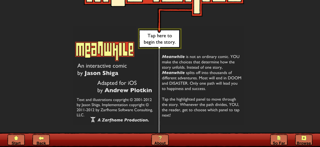 제이슨 시가의 인터랙티브 코믹 Meanwhile의 타이틀 화면. 스토리 시작 프롬프트와 하단 탐색 버튼이 표시됩니다.