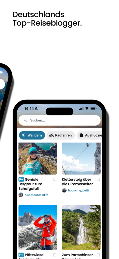 HOME of TRAVELアプリのインターフェース。ドイツのブロガーによる旅行レポートやハイキングツアーが表示されています。