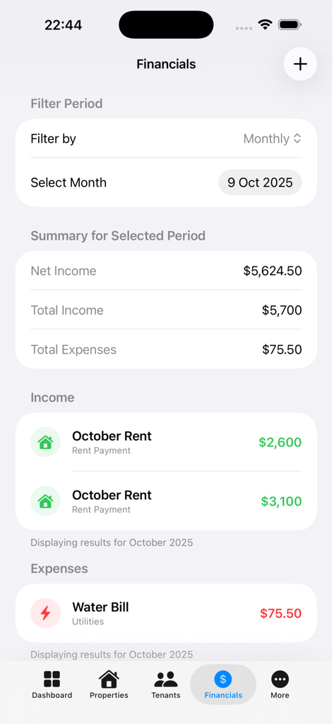 Property Rental Management - Painel financeiro para gestão de arrendamento de imóveis mostrando receitas e despesas