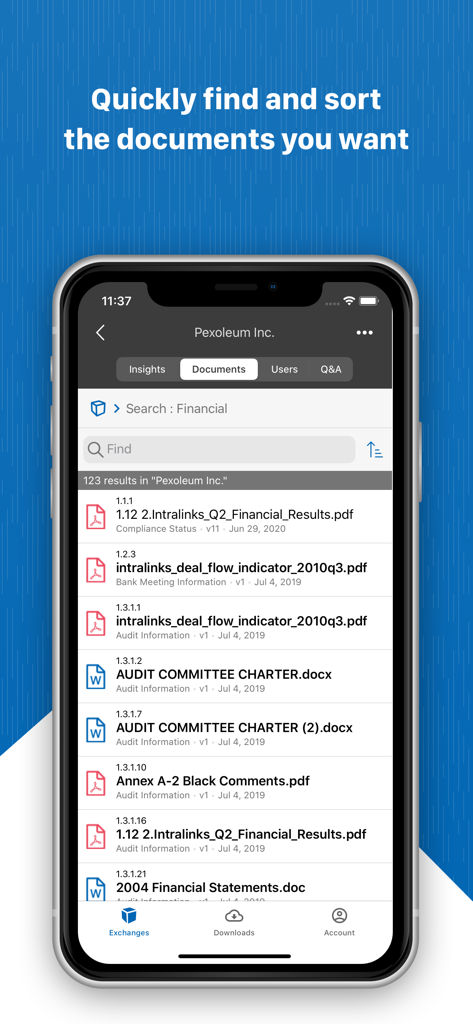 Intralinks mobile App-Oberfläche mit einer durchsuchbaren Liste von Finanz- und Rechtsdokumenten in einem virtuellen Datenraum.