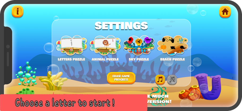 Nimnim - Learn Arabic for kids - Settings screen of Nimnim Arabic app showing puzzle game choices in an underwater theme