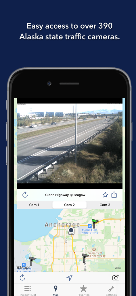 Alaska State Roads - Alaska State Roads app displaying a live traffic camera feed for Glenn Highway above a map of Anchorage