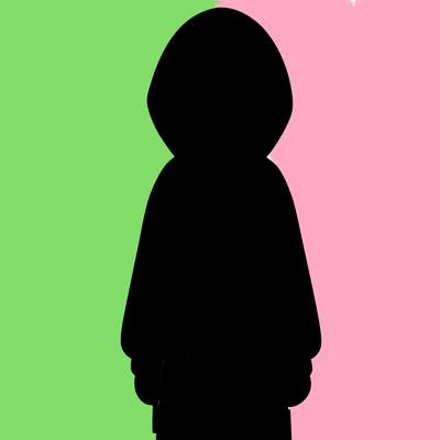 faceless girl in a tracksuit with a hood on and no hair