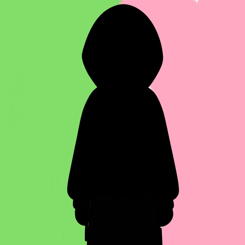 faceless girl in a tracksuit with a hood on and no hair