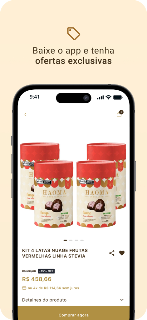 Haoma - Chocolate de Origem - Haoma mobile App, die eine Produktseite für ein Set aus vier Dosen hochwertiger Ursprungs-Schokolade mit Rabatt und einer Kauf-Jetzt-Schaltfläche zeigt.