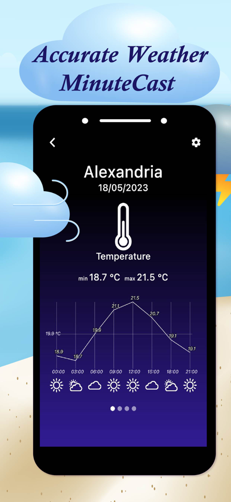 Weather app screen showing temperature trends and hourly forecast for Alexandria
