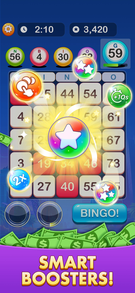 Bingo: Real Money Game - Gameplay screen of Bingo Real Money Game showing a bingo card with various colorful power-up boosters and cash icons