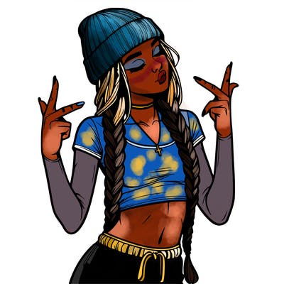 realistic teenage girl with braids and a beanie and crop top doing 🫶🏼