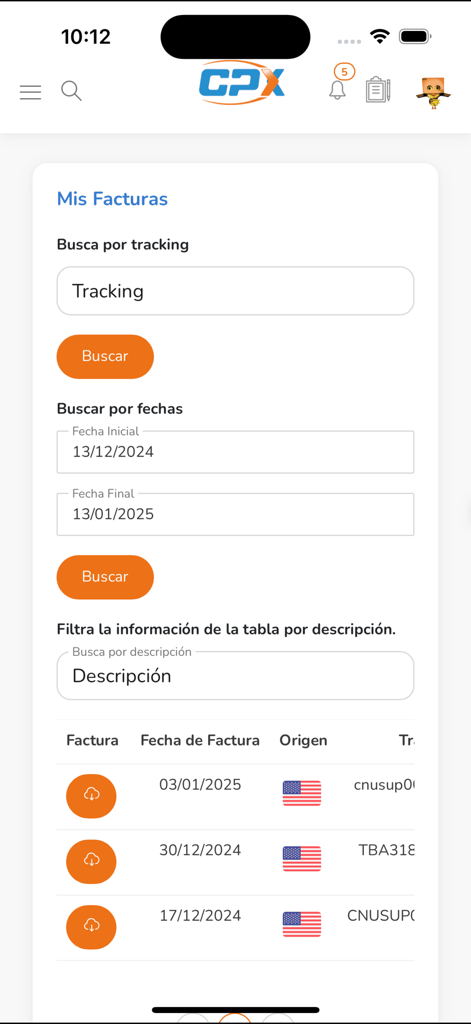 CPX app screen for managing invoices and tracking international shipments