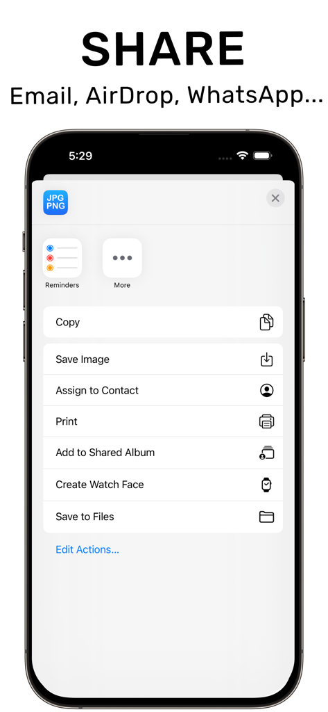 HEIC: JPG, PNG Converter - iPhoneの共有メニュー。変換されたJPGおよびPNGファイルをメールまたはAirDrop経由でエクスポートするオプションが表示されます。
