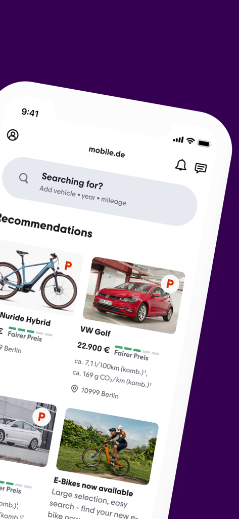 Écran d'accueil de l'application mobile affichant la recherche de véhicules et des recommandations pour les voitures et les vélos électriques