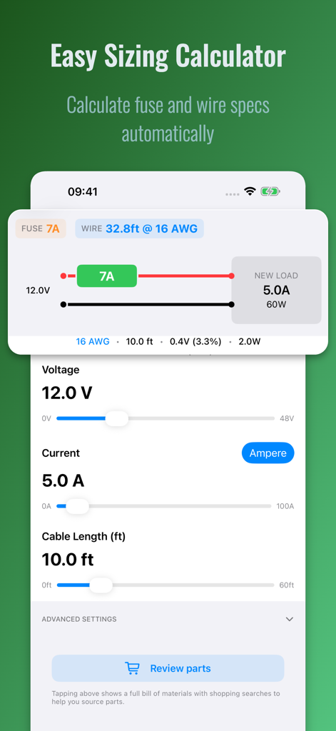 Mobile app interface for calculating AWG wire gauge and fuse specs for electrical systems