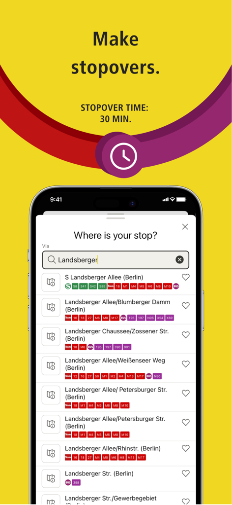 Écran de l'application BVG Fahrinfo pour sélectionner les escales et rechercher les arrêts de transport à Berlin