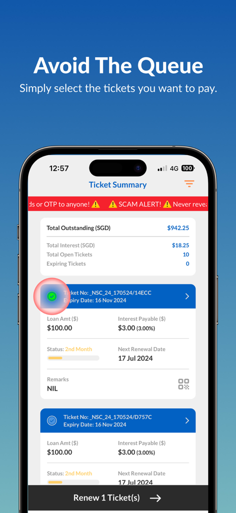 Maxi-Cash - Smartphone showing the Maxi-Cash app Ticket Summary screen to renew and pay loan interests