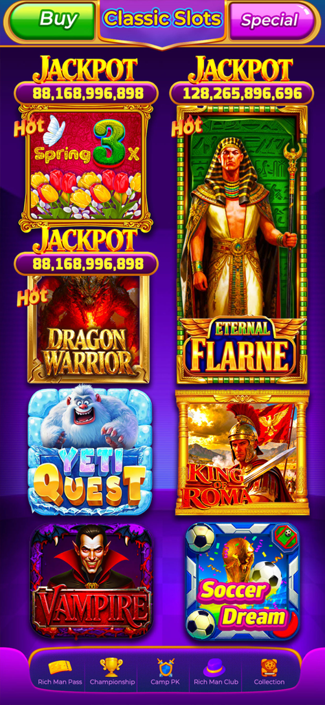Classic Slots VIP - Classic Slots VIP game menu showing various themed slot machines and massive progressive jackpots.