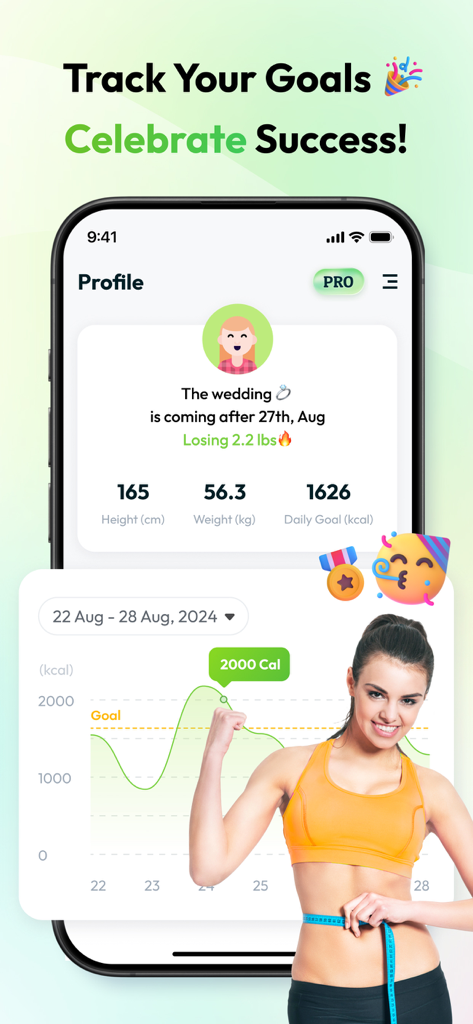 CalCam: AI Diet & Health - A smartphone screen displaying the CalCam app health profile with weight loss goals and a calorie progress chart.